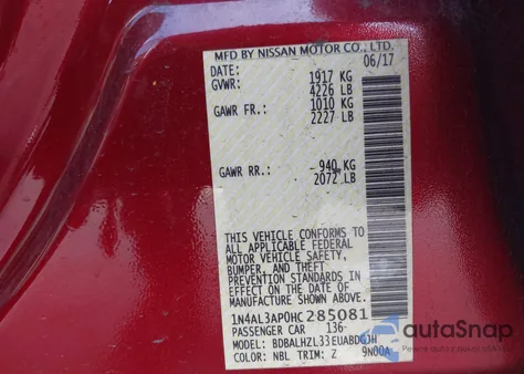 2017 Nissan Altima 2.5 Sr z USA, uszkodzony, nr VIN 1N4AL3AP0HC285081